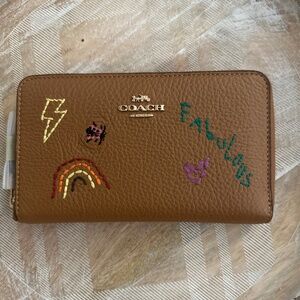 🌈New Coach Medium Id Zip Wallet With Diary Embroidery💚